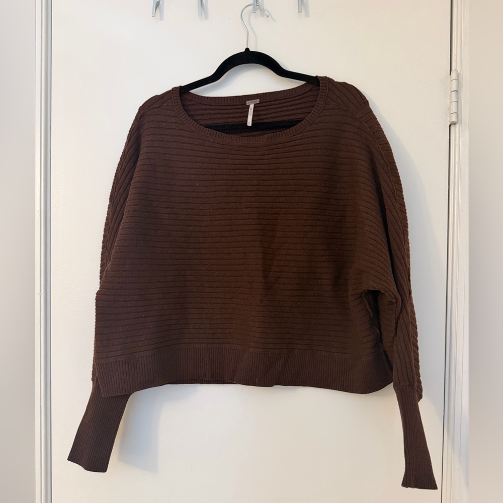 Free People Ribbed Crop Sweater - Dark Brown - Size M